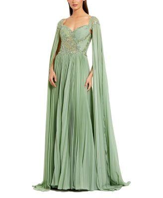 Cape Sleeve Pleated Charmeuse Beaded Gown by MAC DUGGAL