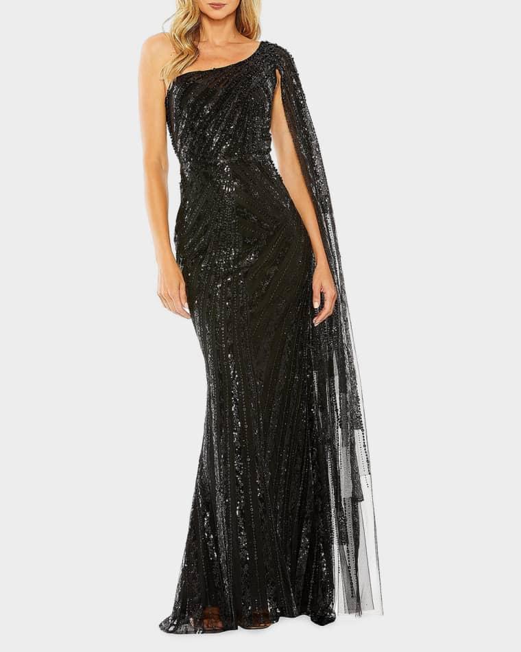 Cape-Sleeve Sequin Column Gown by MAC DUGGAL