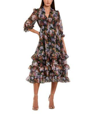 Chiffon 3/4 Sleeve A Line Midi Dress With Ruffles by MAC DUGGAL