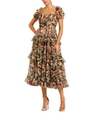 Chiffon Puff Sleeve A Line Midi Dress with Ruffles by MAC DUGGAL
