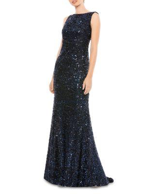 Cowl Back Boat Neck Sequined Evening Gown by MAC DUGGAL