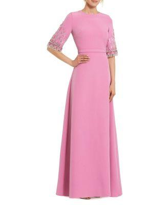 Crepe A Line Gown with Beaded 3/4 Sleeves by MAC DUGGAL