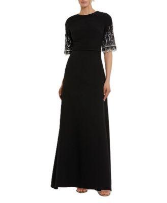 Crepe A Line Gown with Beaded 3/4 Sleeves by MAC DUGGAL