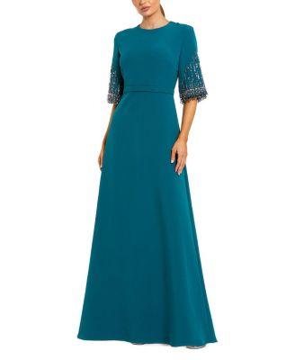 Crepe A Line Gown with Beaded 3/4 Sleeves by MAC DUGGAL