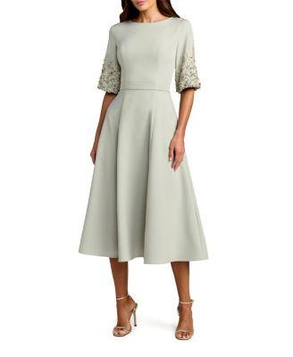 Crepe A Line Midi Dress with Beaded Sleeves by MAC DUGGAL