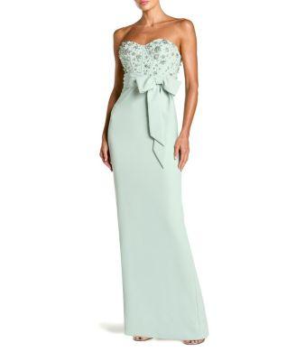Crepe Embellished Bustier Strapless Gown with Bow by MAC DUGGAL