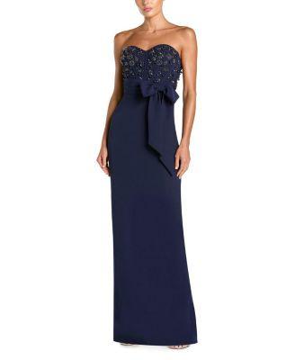 Crepe Embellished Bustier Strapless Gown with Bow by MAC DUGGAL