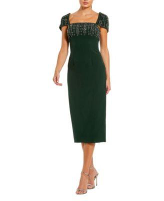 Crepe Embellished Cap Sleeve Fitted Midi Dress by MAC DUGGAL
