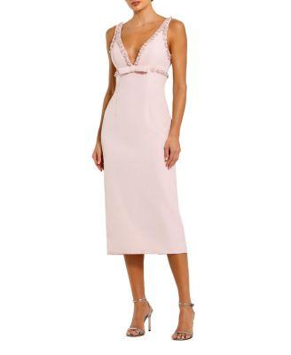 Crepe Fitted Midi Dress with Bow And Beaded Trim by MAC DUGGAL