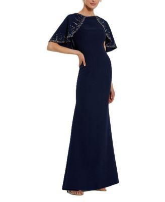 Crepe High Neck Fitted Gown With Beaded Shawl by MAC DUGGAL