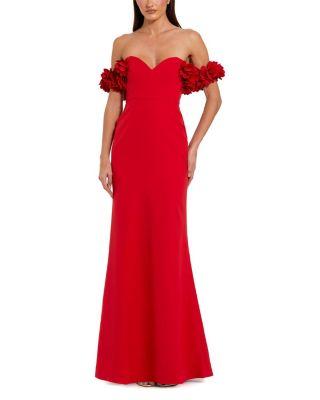 Crepe Off The Shoulder Gown With 3D Flowers by MAC DUGGAL