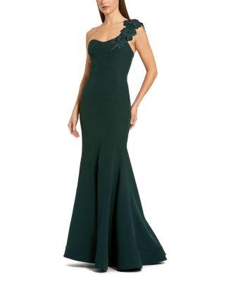 Crepe One Shoulder Beaded Flower Mermaid Gown by MAC DUGGAL