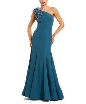Crepe One Shoulder Evening Gown With 3D Flowers by MAC DUGGAL