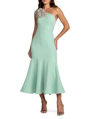 Crepe One Shoulder Mermaid Midi Dress With Flower by MAC DUGGAL