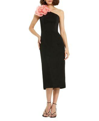 Crepe One Shoulder Midi Dress with Flower by MAC DUGGAL
