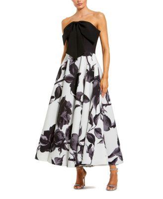 Crepe Printed Strapless Midi Dress With Bow by MAC DUGGAL