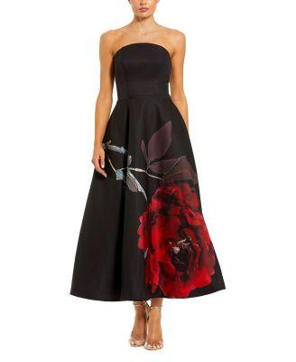 Crepe Printed Strapless Midi Dress With Pockets by MAC DUGGAL