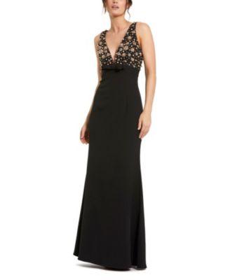 Crepe Sleeveless Beaded V Neck Gown With Bow by MAC DUGGAL