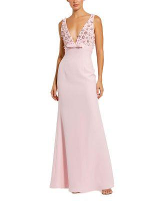Crepe Sleeveless Beaded V Neck Gown with Bow by MAC DUGGAL