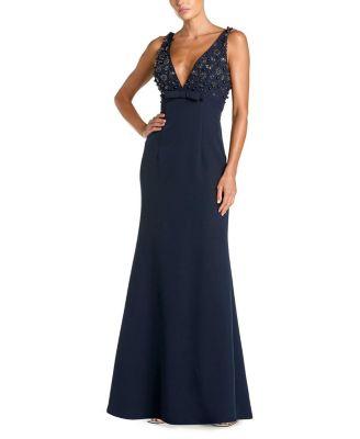 Crepe Sleeveless Beaded V Neck Gown with Bow by MAC DUGGAL
