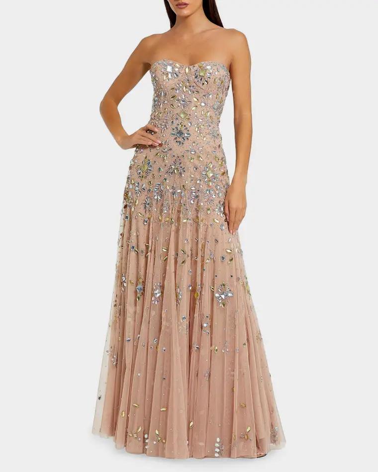 Crystal-Embellished Mesh Strapless Gown by MAC DUGGAL
