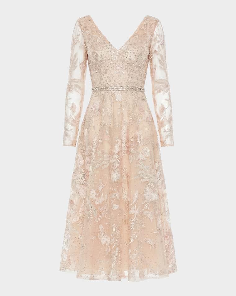 Crystal Floral Embroidered Mesh Midi Dress by MAC DUGGAL