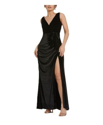 Deep V High Slit Draped Velvet Fitted Gown by MAC DUGGAL