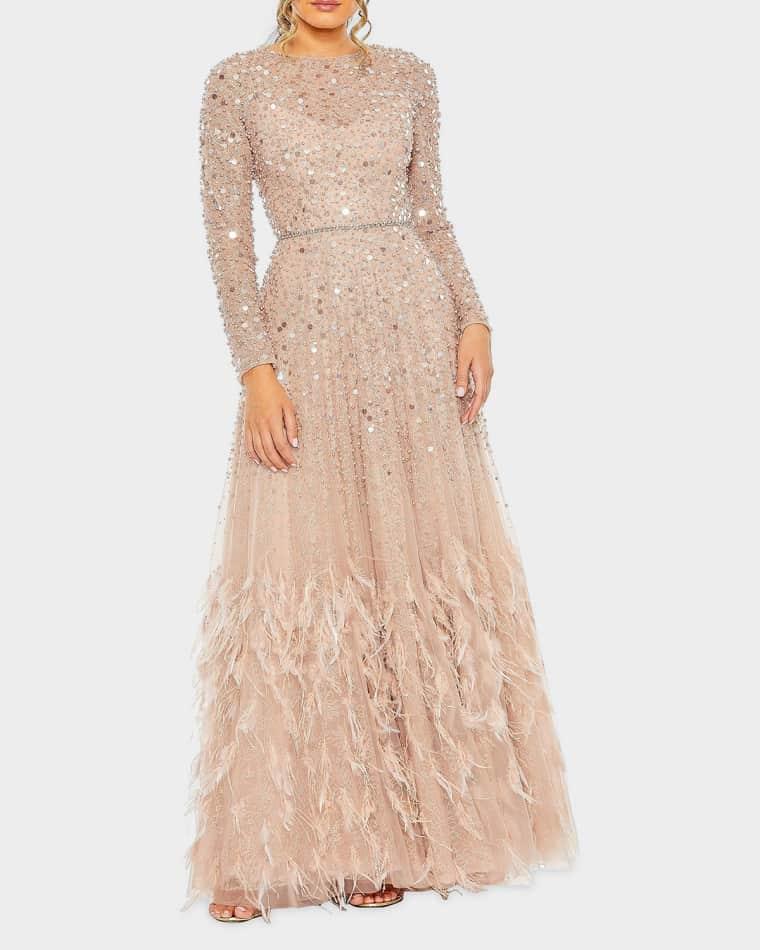 Disc Sequin & Feather Embellished Gown by MAC DUGGAL