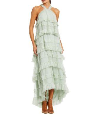 Dot Mesh Ruffle Halter Neck Ankle Dress by MAC DUGGAL