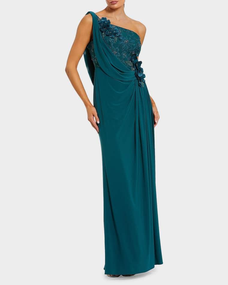 Draped One-Shoulder Beaded Jersey Gown by MAC DUGGAL
