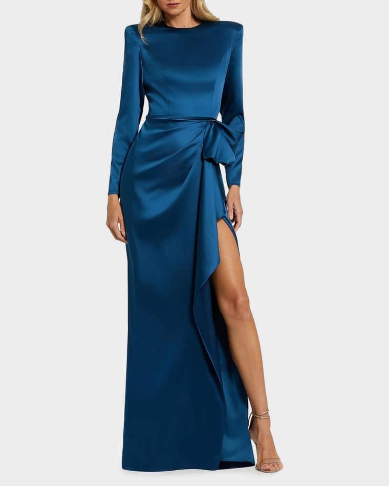 Draped Side-Slit Satin Column Gown by MAC DUGGAL