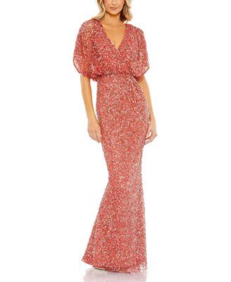 Draped Sleeves Ruched Waist Detail V-Neck Gown by MAC DUGGAL