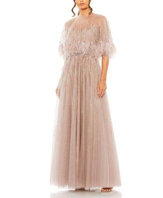 Embellished A Line Dress with Feather Detail Cape by MAC DUGGAL