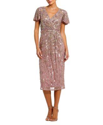 Embellished Faux Wrap Flutter Sleeve Dress by MAC DUGGAL