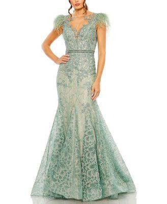 Embellished Feather Cap Sleeve Illusion Neck Trumpet Gown by MAC DUGGAL