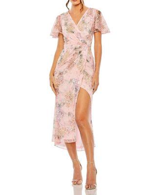 Embellished Floral Flutter Sleeve Midi Dress by MAC DUGGAL