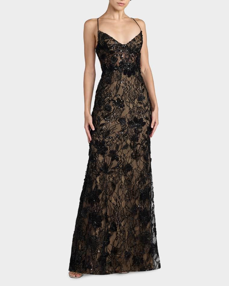 Embellished Floral Lace Open Back Gown by MAC DUGGAL