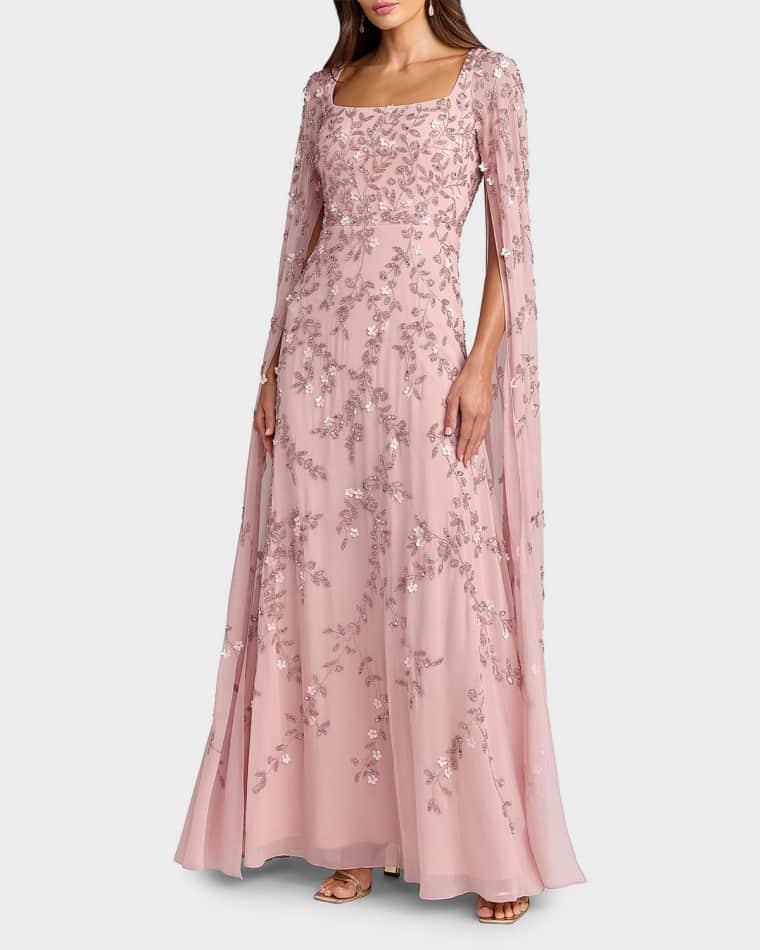 Embellished Georgette Cape-Sleeve Gown by MAC DUGGAL