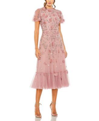 Embellished High Neck Floral Applique with Beaded Detail A Line Dress by MAC DUGGAL