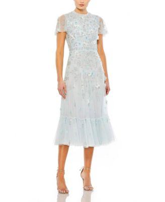Embellished High Neck Floral Applique with Beaded Detail A Line Dress by MAC DUGGAL