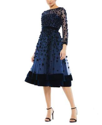 Embellished Illusion High Neck Long Sleeve Fit & Flare by MAC DUGGAL