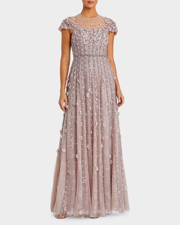 Embellished Illusion-Neck Mesh Evening Gown by MAC DUGGAL
