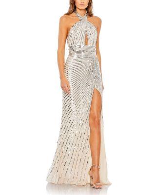 Embellished Keyhole Halter Strap Draped Gown by MAC DUGGAL