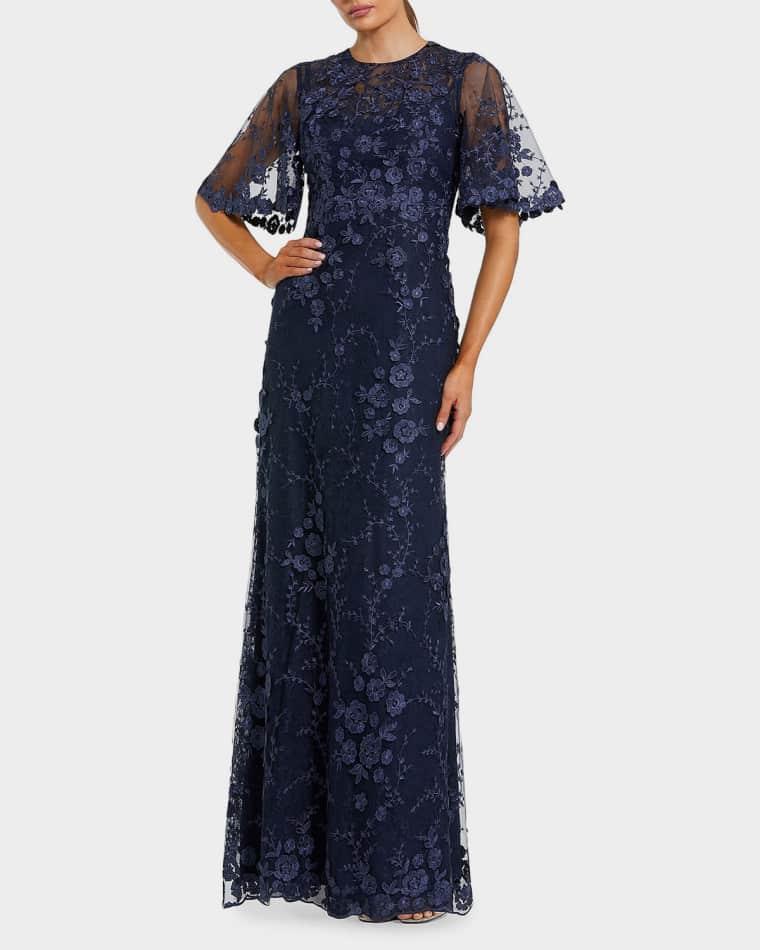 Embellished Lace Flutter-Sleeve Gown by MAC DUGGAL