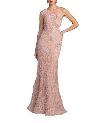 Embellished Lace One Shoulder Feather Gown by MAC DUGGAL