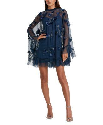 Embellished Long Flare Sleeve Mesh A-Line Dress by MAC DUGGAL