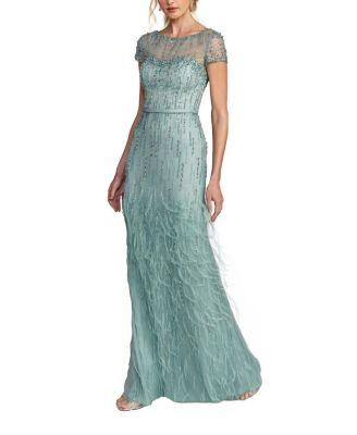 Embellished Net Short Sleeve Feather Gown by MAC DUGGAL