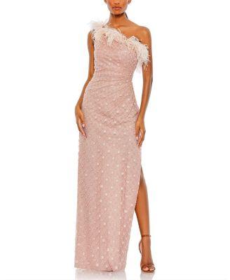 Embellished One Shoulder Feathered Gown by MAC DUGGAL