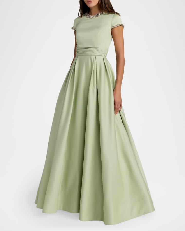 Embellished Satin Cap-Sleeve Gown by MAC DUGGAL