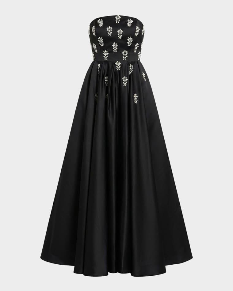 Embellished Satin Strapless Tea-Length Dress by MAC DUGGAL